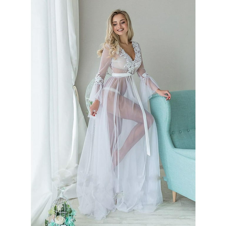 Women's Lingerie Long Lace Dresses Robes Mesh Sheer Nightgown See Through  Floral Long Maxi Underwear Babydoll Nightwear Dresses 