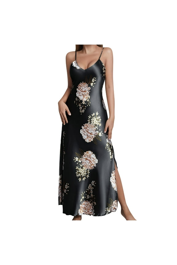 Women's Lingerie Satin Slit Hem Chemise Nightgown Sexy Full Slips Sleepwear Negligee Nightie Bridal Babydoll