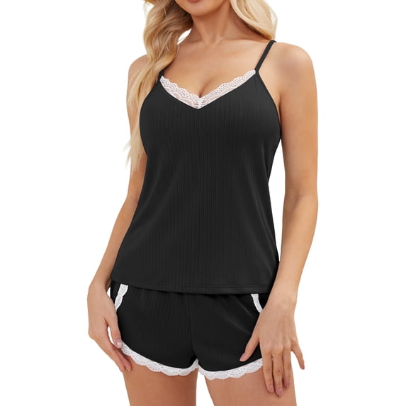 QYLUX Womens Pajama Sets Ultra Soft Lingerie Sleepwear 2 Piece Cami Shorts Set V Neck Pj Lace Nightwear