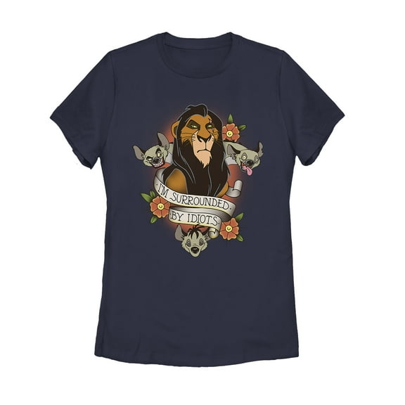 Women's Lion King Scar Surrounded By Idiots Tattoo  Graphic Tee Navy Blue Small