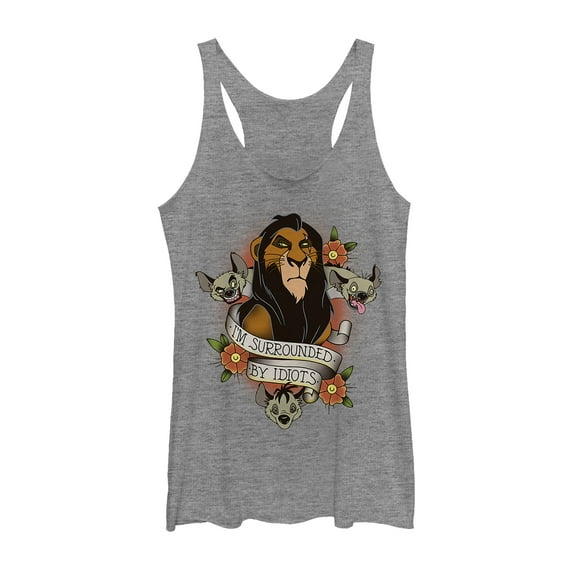 Women's Lion King Scar Surrounded By Idiots Tattoo Racerback Tank Top Gray Heather X Large