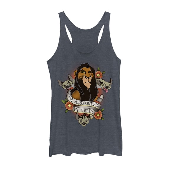 Women's Lion King Scar Surrounded By Idiots Tattoo  Racerback Tank Top Navy Blue Heather Medium