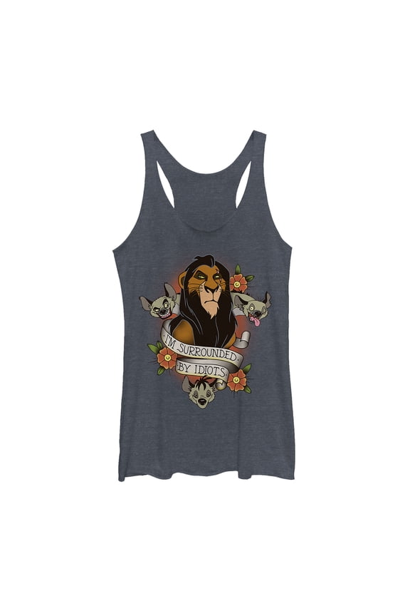Women's Lion King Scar Surrounded By Idiots Tattoo  Racerback Tank Top Navy Blue Heather Medium