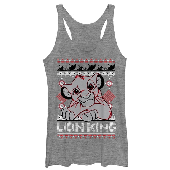 Women's Lion King Ugly Christmas Simba Racerback Tank Top Gray Heather 2X Large
