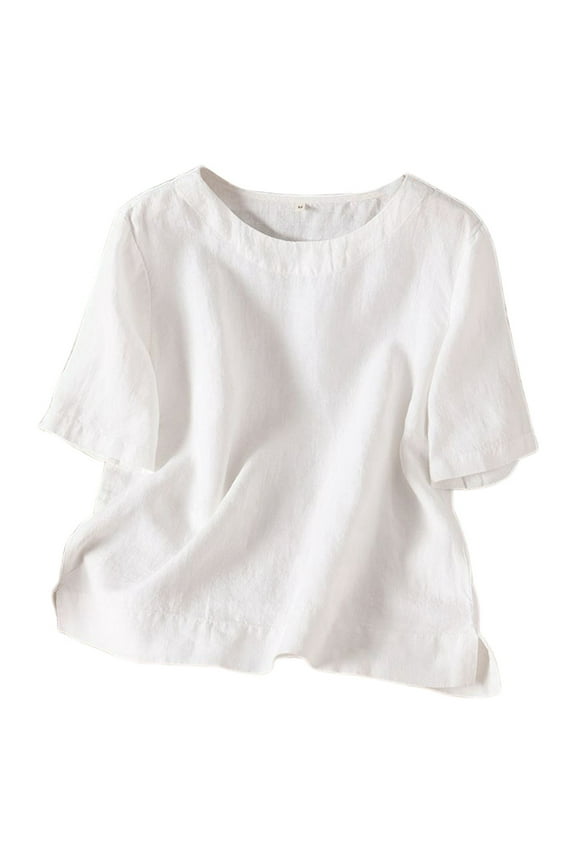 Women's Literary Retro Loose Casual Linen Short Sleeve T-Shirt Top Comfortable Breathable Tee