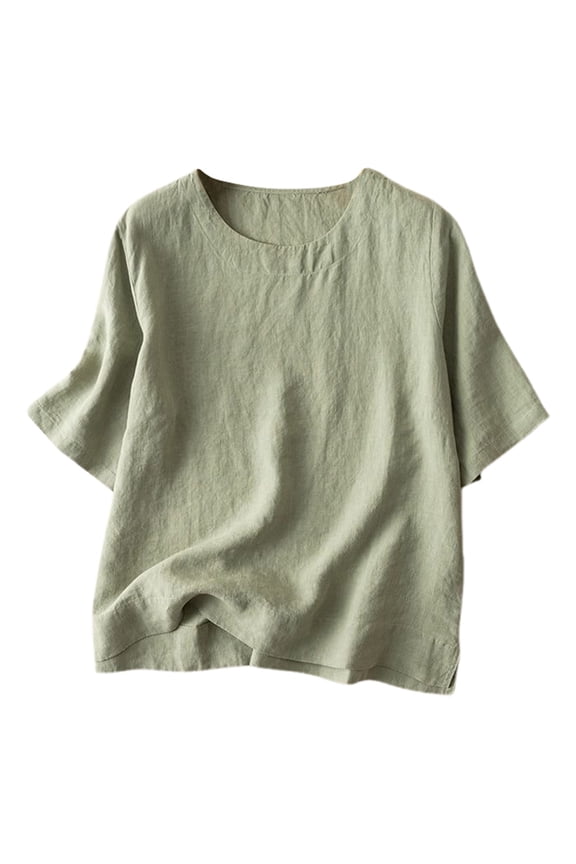 Women's Literary Retro Loose Casual Linen Short Sleeve T-Shirt Top Comfortable Breathable Tee