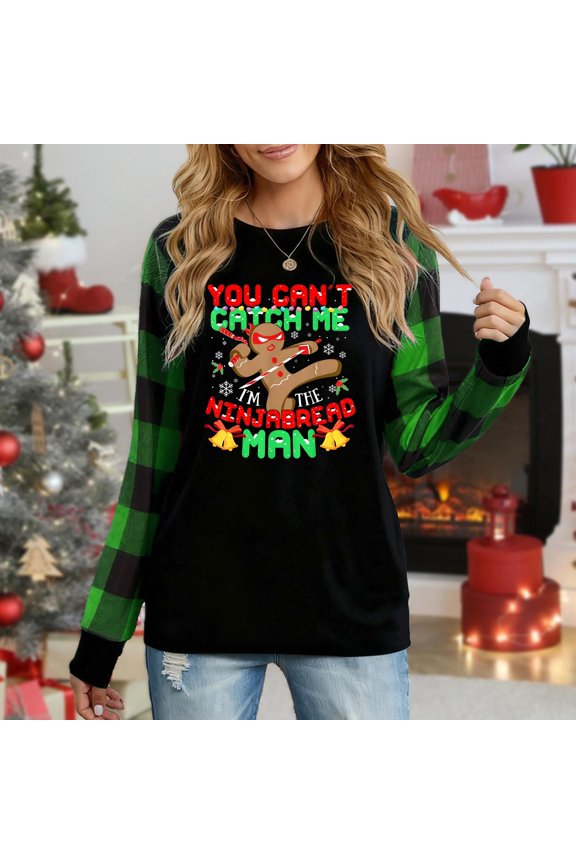 Women's Rainbow Sparkle Christmas Tree Print Long Sleeve Top - Black Red Plaid Crewneck Casual Shirt