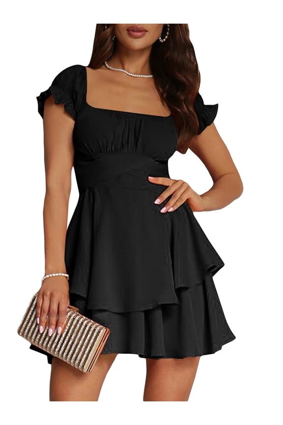 Women's Little Black Dress Mini A-Line Dress Solid Color Ruffled Short Sleeves Bodycon U Neck Layered Hem Dress Tighten Waist Peplum Dress for Vacation