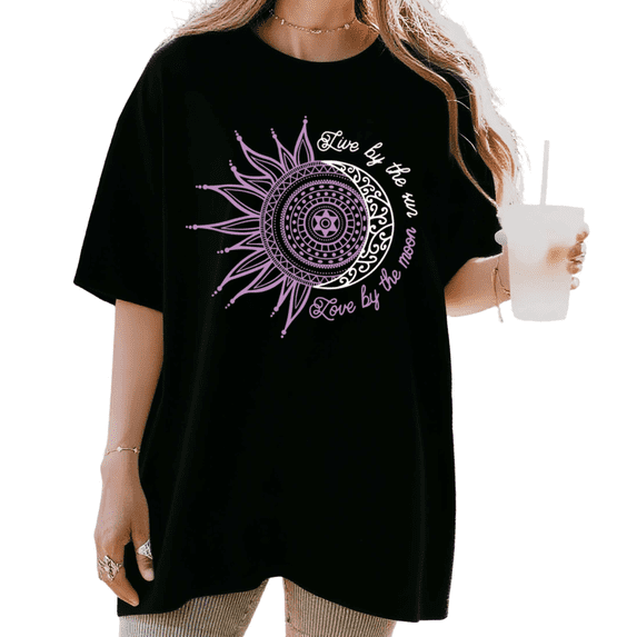 Women's "Live By The Sun Love By The Moon" Boho Sun Moon Mandala Graphic Tee Short Sleeve Round Neck Top Black S-5XL