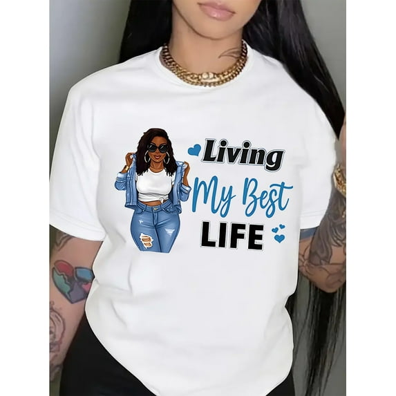 Women's "Living My Best Life" T-Shirt - Chic White with Fashionable Character & Letter Design, Comfortable Cotton, Casual Style, Perfect for Daily Wear or Valentine's Gift, Casual Sporty Tee