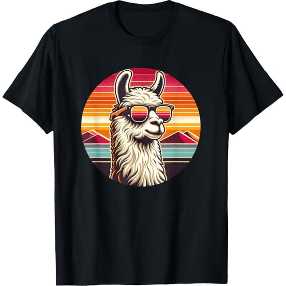Women's Llama Sunglasses Graphic Cotton T Shirt Casual Breathable Short Sleeve Round Neck Top Black S-5XL