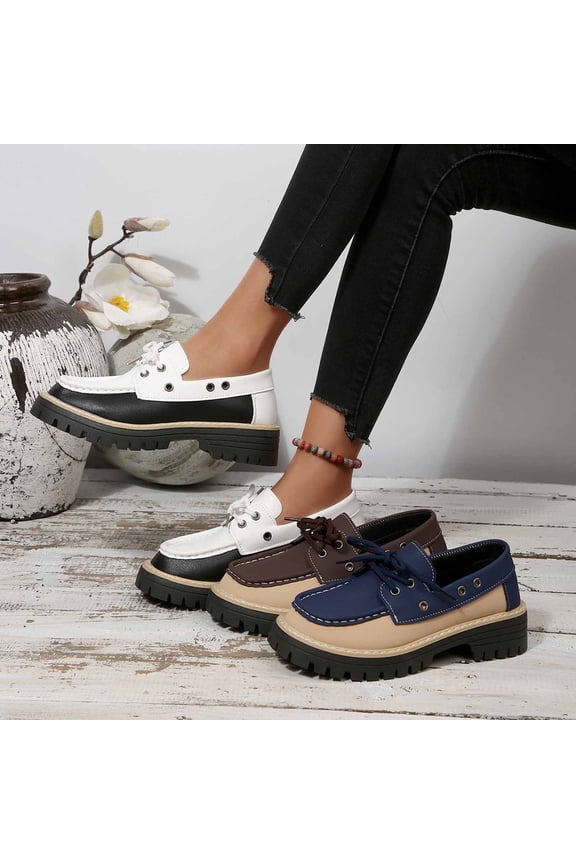 Women's Loafers, Color Block Lace-Up Platform Shoes, Non-Slip Casual Dress Flats with Chunky Sole, Comfortable Round Toe Walking Shoes for Daily Work Outdoor, Black/White/Brown/Navy
