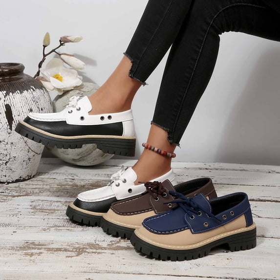 Women's Loafers, Color Block Lace-Up Platform Shoes, Non-Slip Casual Dress Flats with Chunky Sole, Comfortable Round Toe Walking Shoes for Daily Work Outdoor, Black/White/Brown/Navy