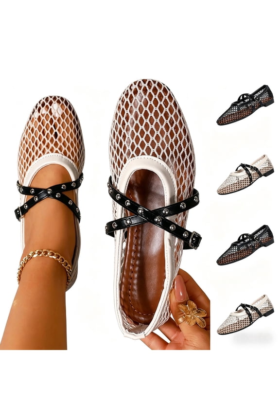 Women's Loafers Mesh Mary Jane Flat Shoes,Casual Closed Toe Slip On Shoes Dressy Summer Outdoor Beach Walking Shoes Studded Cross Strap Breathable Ballet Flats for Women