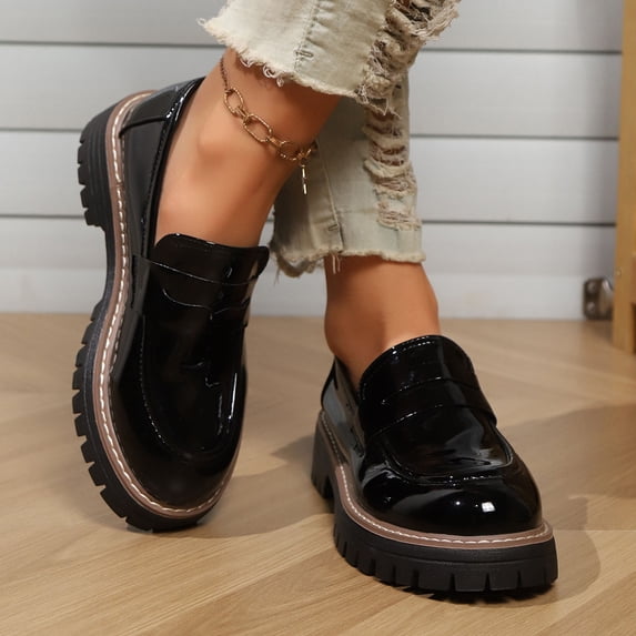 Women's Loafers, Patent Leather Slip on Casual Shoes with Round Toe and Comfortable Flat Thick Heel for Office, Travel, Daily Walking