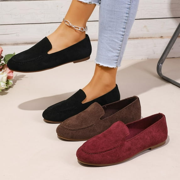 Women's Loafers, Retro Suede Slip-On Flats, Casual Round Toe Penny Loafers, Comfortable Lightweight Walking Shoes for Daily Work Outdoor Spring Fall, Black/Brown/Burgundy