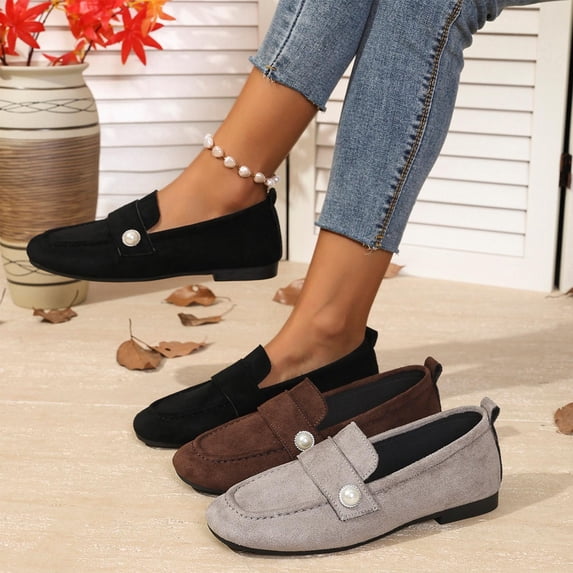 Women's Loafers, Retro Suede Slip-On Flats, Casual Round Toe Penny Loafers with Pearl Decor, Comfortable Lightweight Walking Shoes for Daily Work Outdoor Spring Fall
