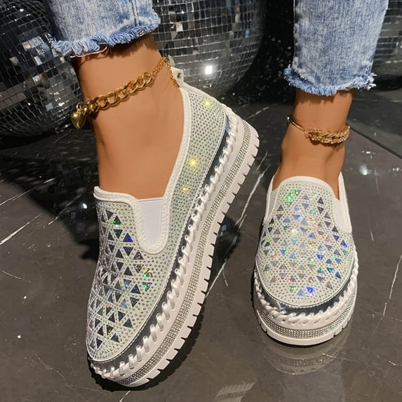 Women's Loafers, Rhinestone Slip on Shoes with Thick Sole, Casual Platform Slip Ons for Comfort, Dressy Round Toe Flats for Daily Wear