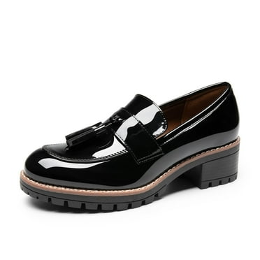 Women's Loafers Slip On Platform Chunky Penny Heeled Loafers Dressy and Work Shoes BLACK-PAT Size 7