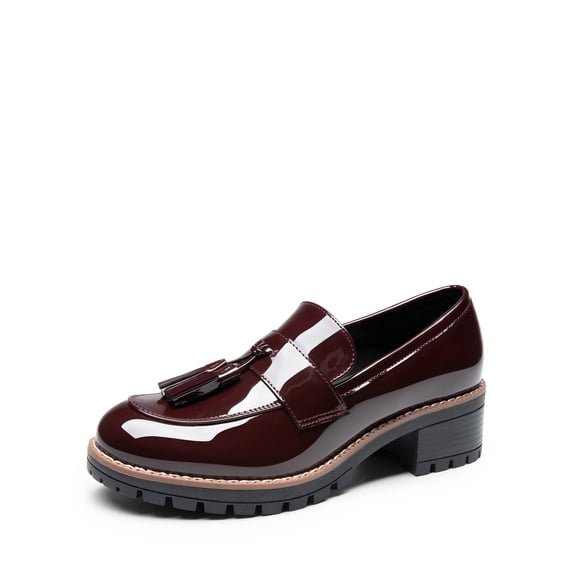 Women's Loafers Slip On Platform Chunky Penny Heeled Loafers Dressy and Work Shoes BURGUNDY-PAT Size 9.5