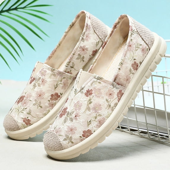 Women's Loafers Slip on Shoes, Floral Embroidered Canvas Flats Non Slip Fashion Casual Walking Shoes,Pink 39