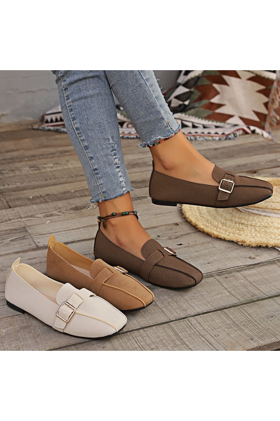 Women's Loafers, Suede Square Toe Slip-On Flats, Comfortable Soft Sole Moccasins, Breathable Wide Width Casual Dress Shoes for Daily Work Outdoor, Beige/Brown/White