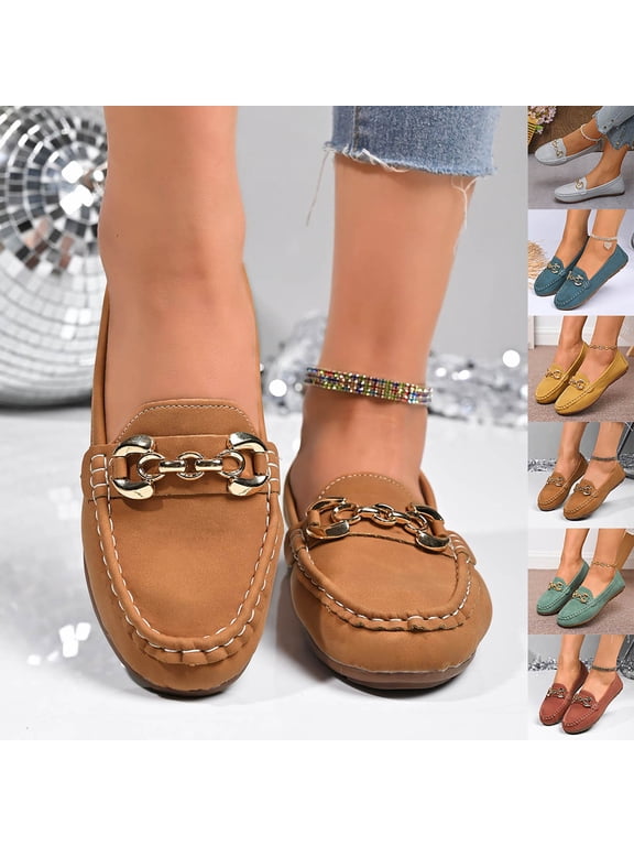 Women's Loafers Wide Width, French Style Suede Metal Chain Flats for Women, Soft Sole Slip-On Casual Shoes, Brown/Teal/Red/Multi-Color
