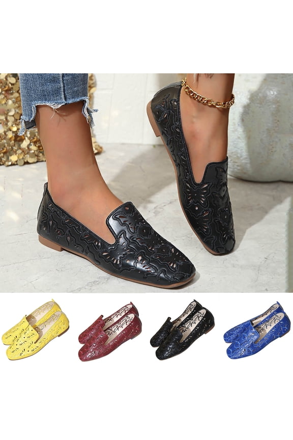 Women's Loafers for Women Trendy British Retro Square Toe Cutout Breathable Slip On Flats Comfortable Casual Driving Shoes Fashion Plus Size Wide Width Black Loafers for Women