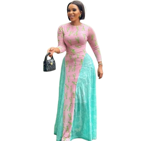 Women's Lobster Print & Color Spliced O-Neck Long Sleeve Waistband A-Line Long Dress