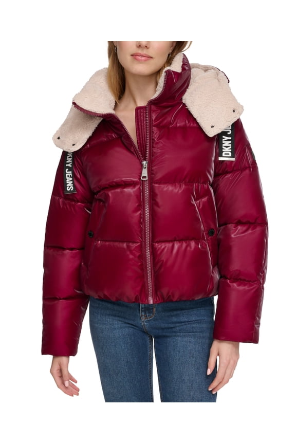 Women's Logo-Drawstring Hooded Puffer Jacket Wine M
