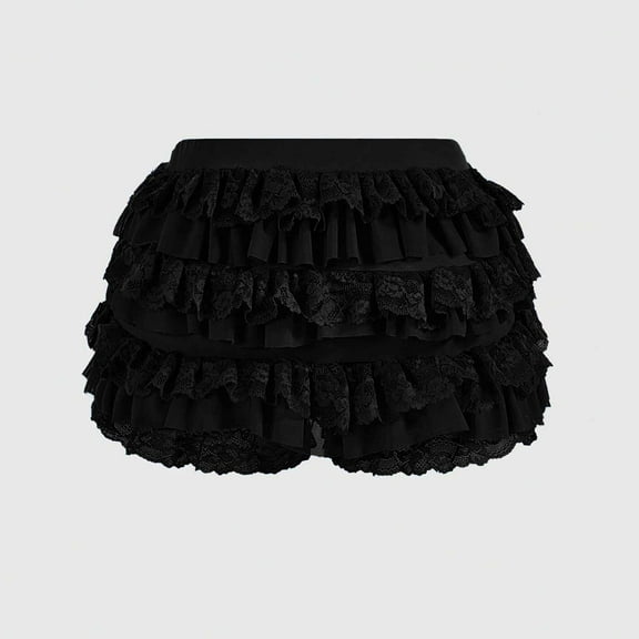 Women's Lolita Ruffle Layered Lace Trim Shorts Elastic Waist Bow Front Pumpkin Short Pants