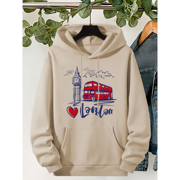 Women's London Graphic Print Fleece-Lined Hoodie - Big Ben & Red Bus Design with 'London' Lettering, Kangaroo Pocket, Drawstring Hood, Machine Washable, Fall & Spring Casual Sweatshirt