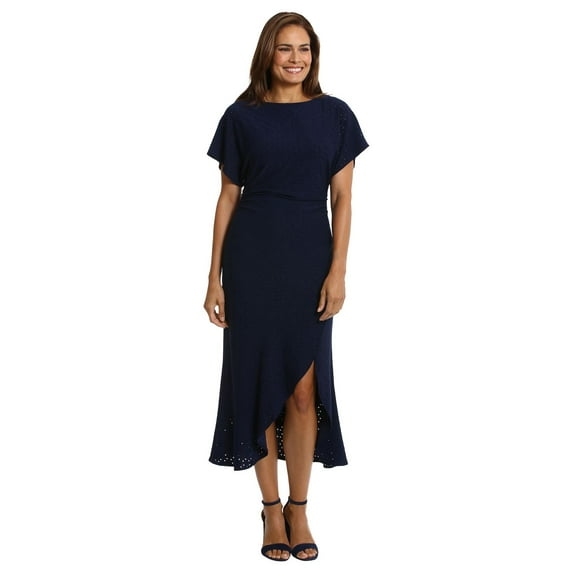 Women's London Times Asymmetrical Hem Eyelet Dress Color: Navy Size: 4