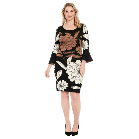 Women's London Times Bell Sleeve Floral Print Sheath Sweater Dress Color: Neutral Floral Size: LARGE