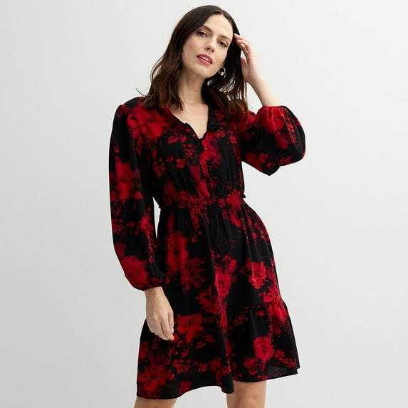 Women's London Times Smocked Waist Tiered Mini Dress Color: Black Red Floral Size: 16