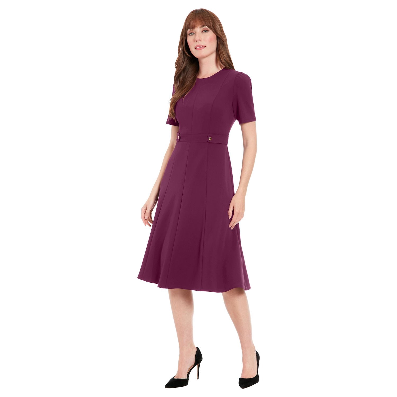 green emerald velvet dress London Times Women's Crepe Fit and Flare Midi with Waist Button Detail  Black at Amazon Women's Clothing store main image 0