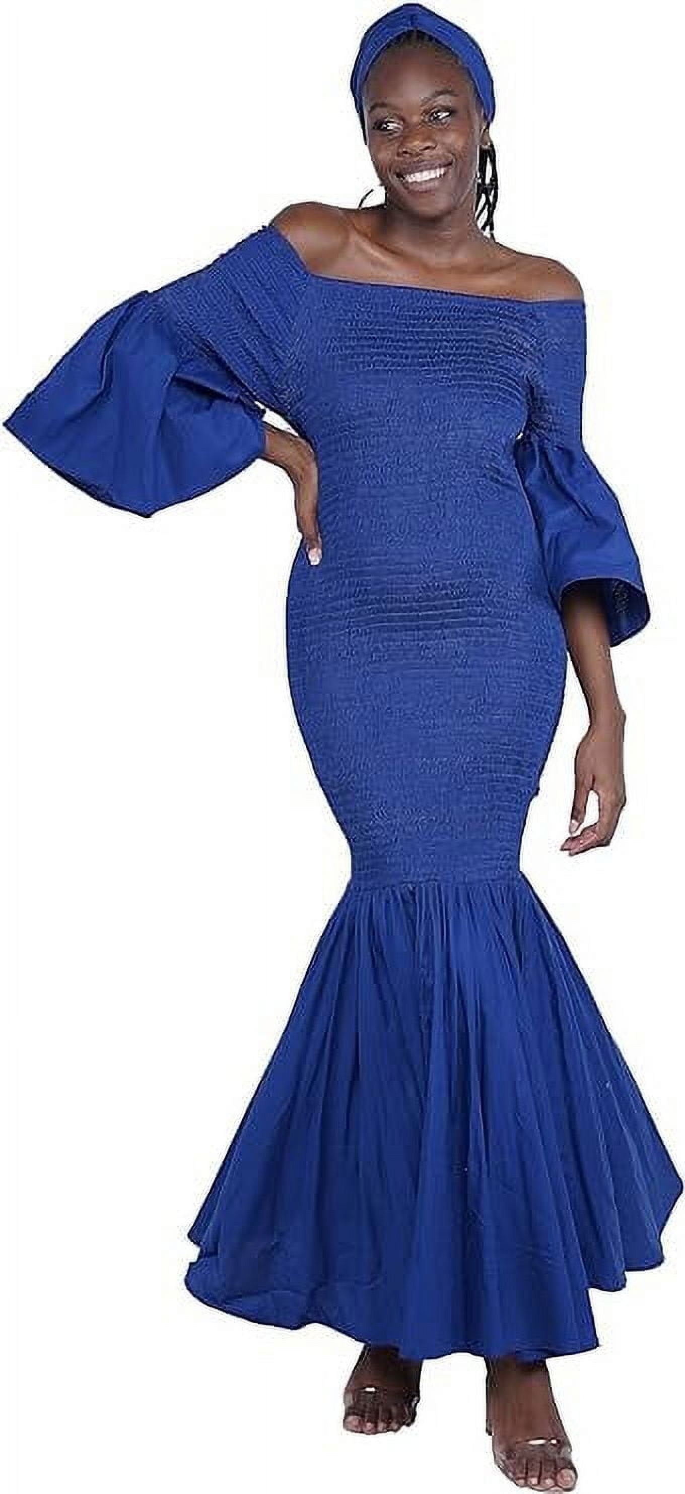 Women s Long African Dress Ankara Print Cotton Clothing Smoked Fish Tail Mermaid with Matching Headwrap Fade Resistant Elastic Smoked Bodice Kente