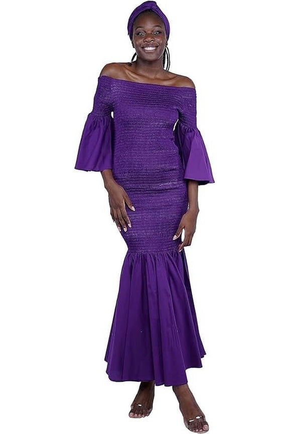 Women's Long African Dress Ankara Print | Cotton Clothing Smoked Fish Tail Mermaid with Matching Headwrap, Fade Resistant Elastic Smoked Bodice Kente Afrocentric Dress