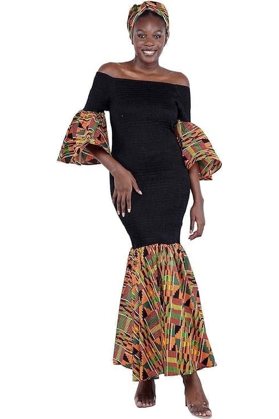 Women's Long African Dress Ankara Print | Cotton Clothing Smoked Fish Tail Mermaid with Matching Headwrap, Fade Resistant Elastic Smoked Bodice Kente Afrocentric Dress