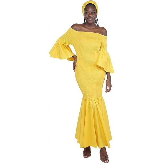 Women's Long African Dress Ankara Print | Cotton Clothing Smoked Fish Tail Mermaid with Matching Headwrap, Fade Resistant Elastic Smoked Bodice Kente Afrocentric Dress