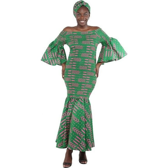 Women's Long African Dress Ankara Print | Cotton Clothing Smoked Fish Tail Mermaid with Matching Headwrap - One Size