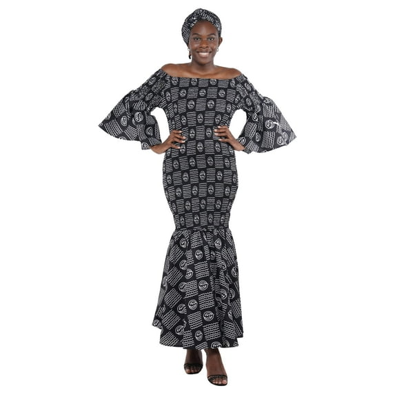 Women's Long African Dress Ankara Print | Cotton Clothing Smoked Fish Tail Mermaid with Matching Headwrap - One Size