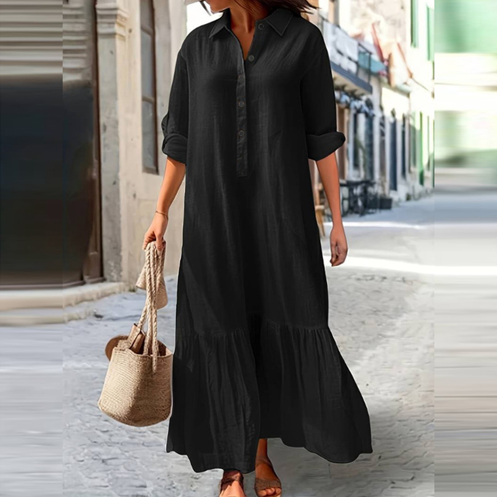 Women's Long Asymmetrical Shirt Dress With And Buttons Casual Maxi Dress Big Dress Split Loose Maxi Dress Ruffle Dresses for Women Summer Tunic Swing Dresses for Women Athletic Dress Summer Maxi