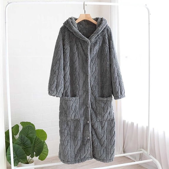 Women's Long Bathrobe Soft Warm Long Sleeve Button down Housecoat Fuzzy Fleece Bath Hooded Robes with Pockets New Womens Housecoat Robe Dark Gray M
