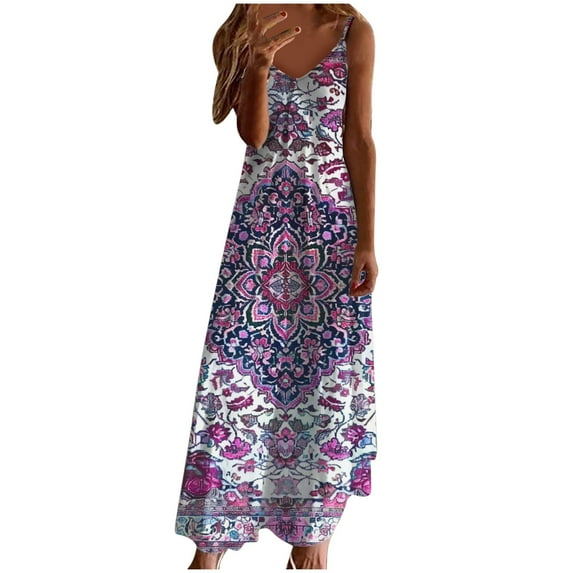 Women's Long Beach Dresses Spaghetti Straps Summer Sexy V Neck Camisole Maxi Dress - Vintage Floral Print A Line Flowy
