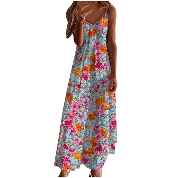 Women's Long Beach Dresses Spaghetti Straps Summer Sexy V Neck Camisole Maxi Dress - Vintage Floral Print A Line Flowy