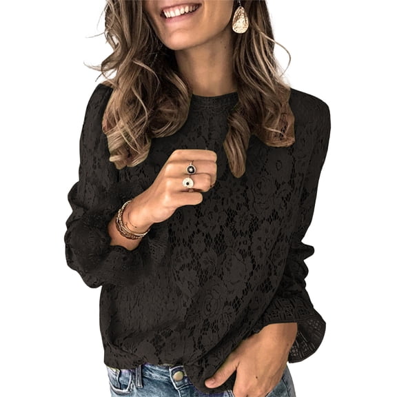 Women's Long Bell Sleeve Sheer Floral Lace Blouse Tops