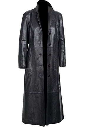 Women's Long Black Leather Trench Coat, Black Glossy Original Sheepskin Long Leather Coat