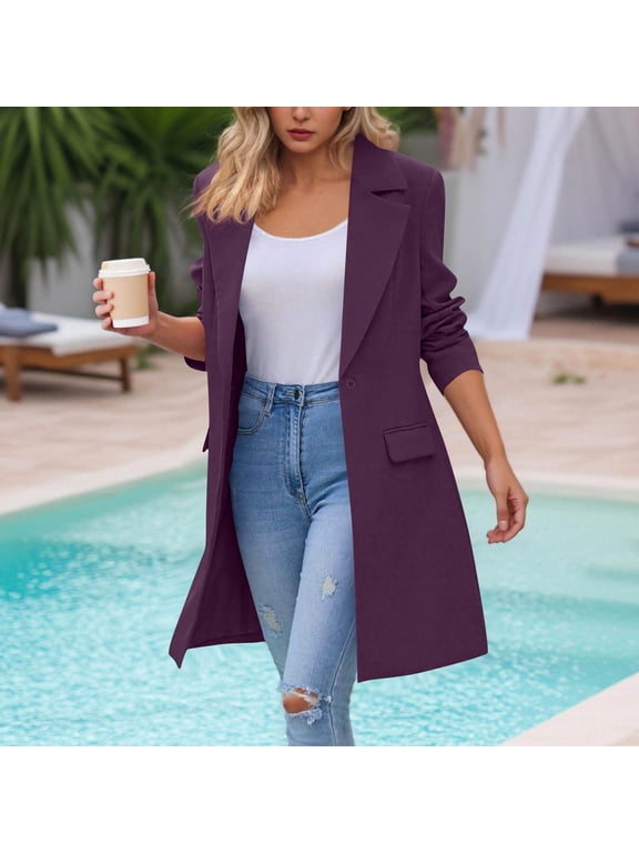 Women's Long Blazer Jacket Open Front Lapel Collar Button Dressy Work Office Casual Cardigan Style Suit Coat with Lapel Pockets