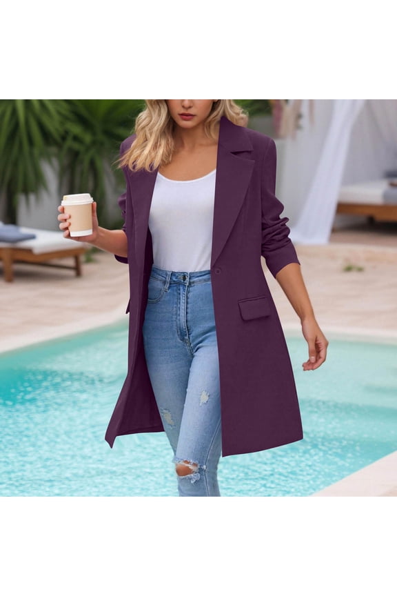 Women's Long Blazer Jacket Open Front Lapel Collar Button Dressy Work Office Casual Cardigan Style Suit Coat with Lapel Pockets